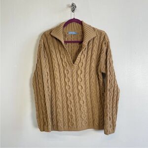 White + Warren Knit Polo Collared Cable Sweater Cotton Size M Camel Tan